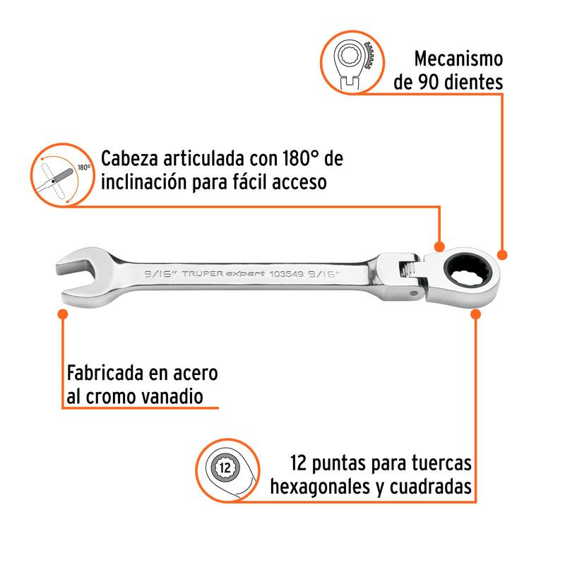 Llave combinada con matraca 9/16" flexible, EXPERT