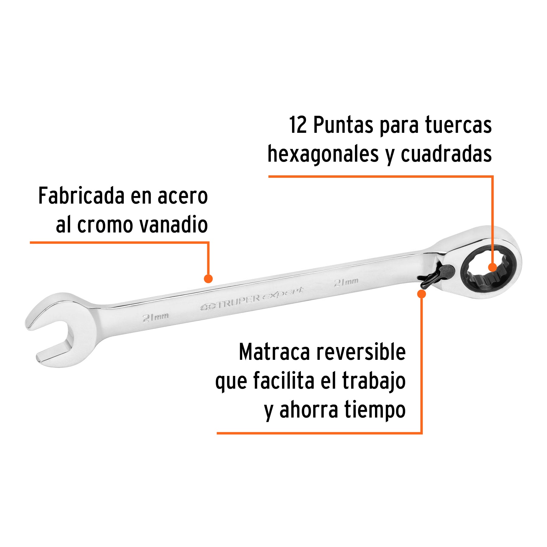 Llave combinada con matraca, reversible, 21mm, Truper Expert