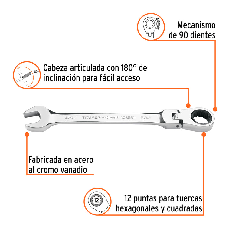 Llave combinada con matraca 3/4" flexible, EXPERT