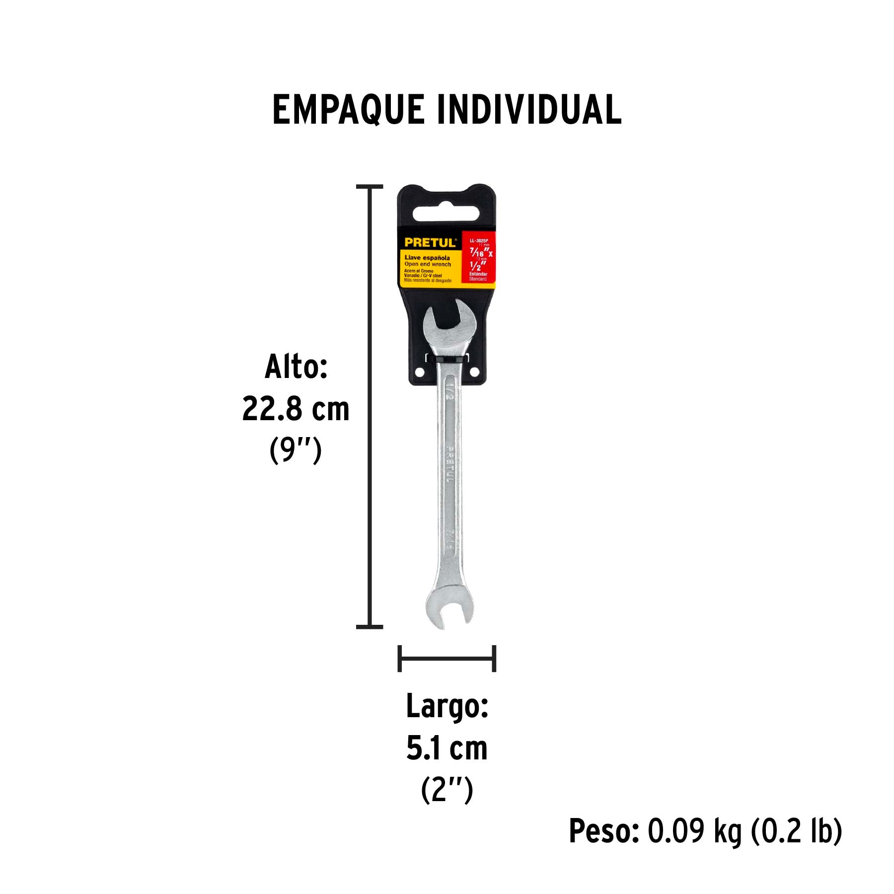 Llave española, 7/16 x 1/2" x 172 mm, pretul