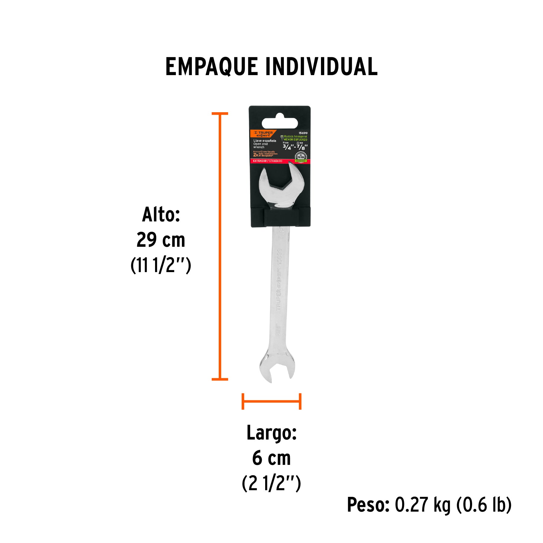 Llave española, 3/4 x 7/8" x 212 mm