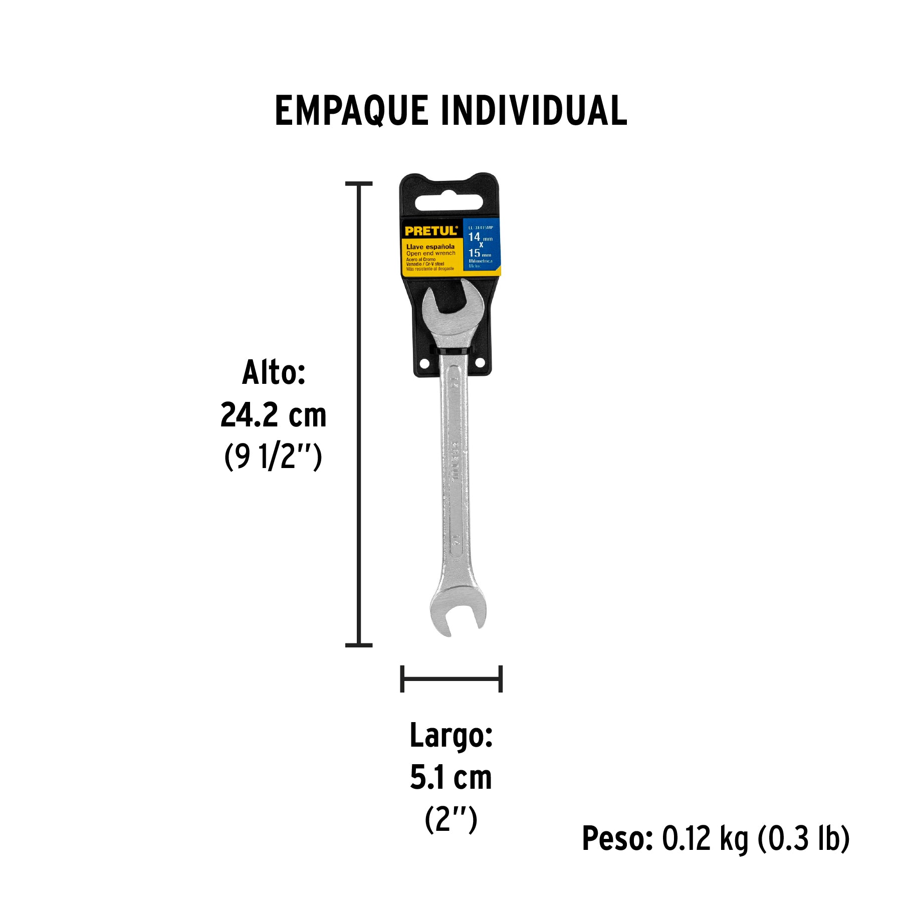 Llave española, milimétrica, 14 x 15 x 185 mm, pretul