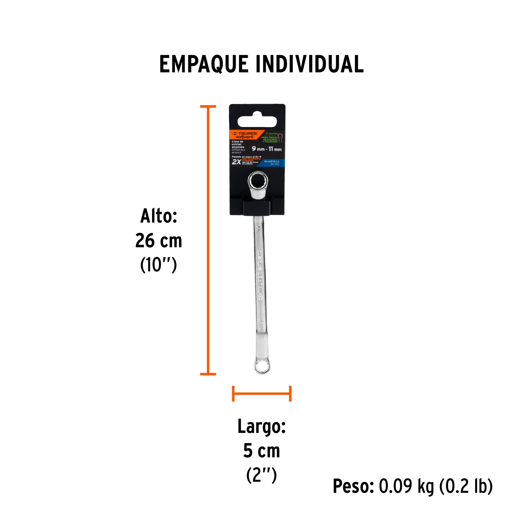 Llave de estrías, milimétrica, 9 x 11 x 181 mm