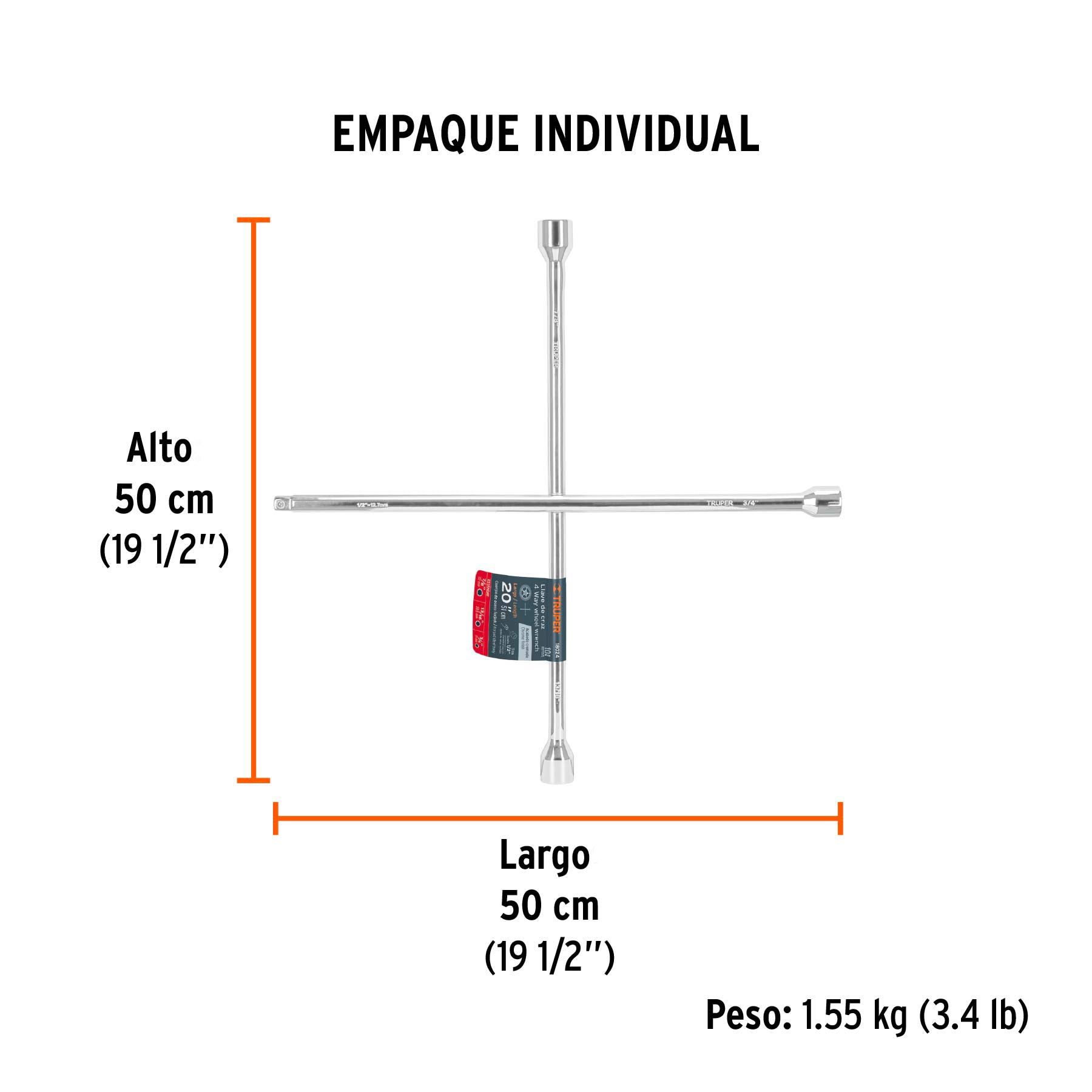 Llave de cruz, 20" con entrada para dado de 1/2"