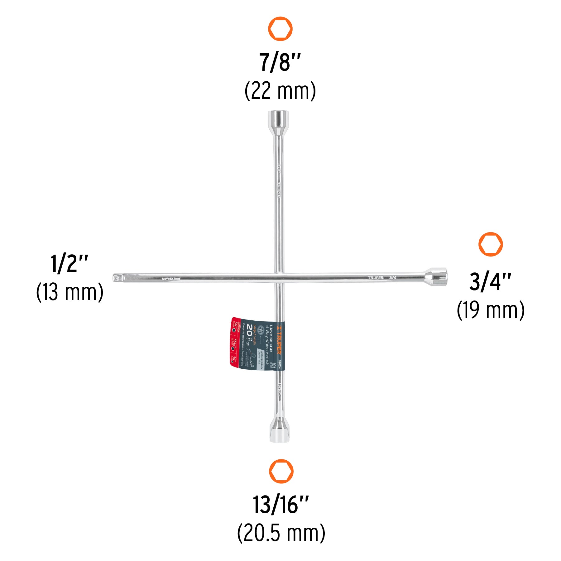 Llave de cruz, 20" con entrada para dado de 1/2"
