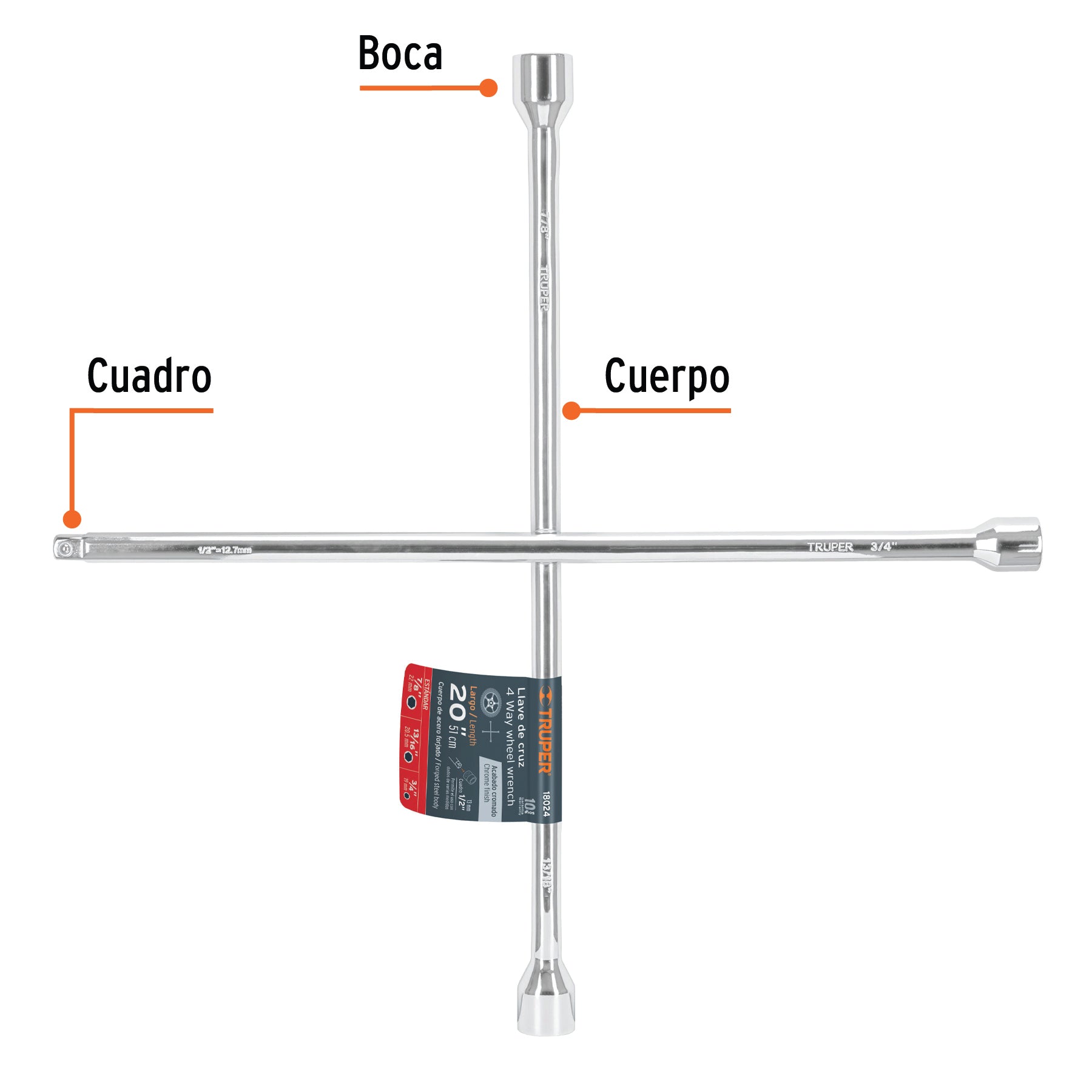 Llave de cruz, 20" con entrada para dado de 1/2"