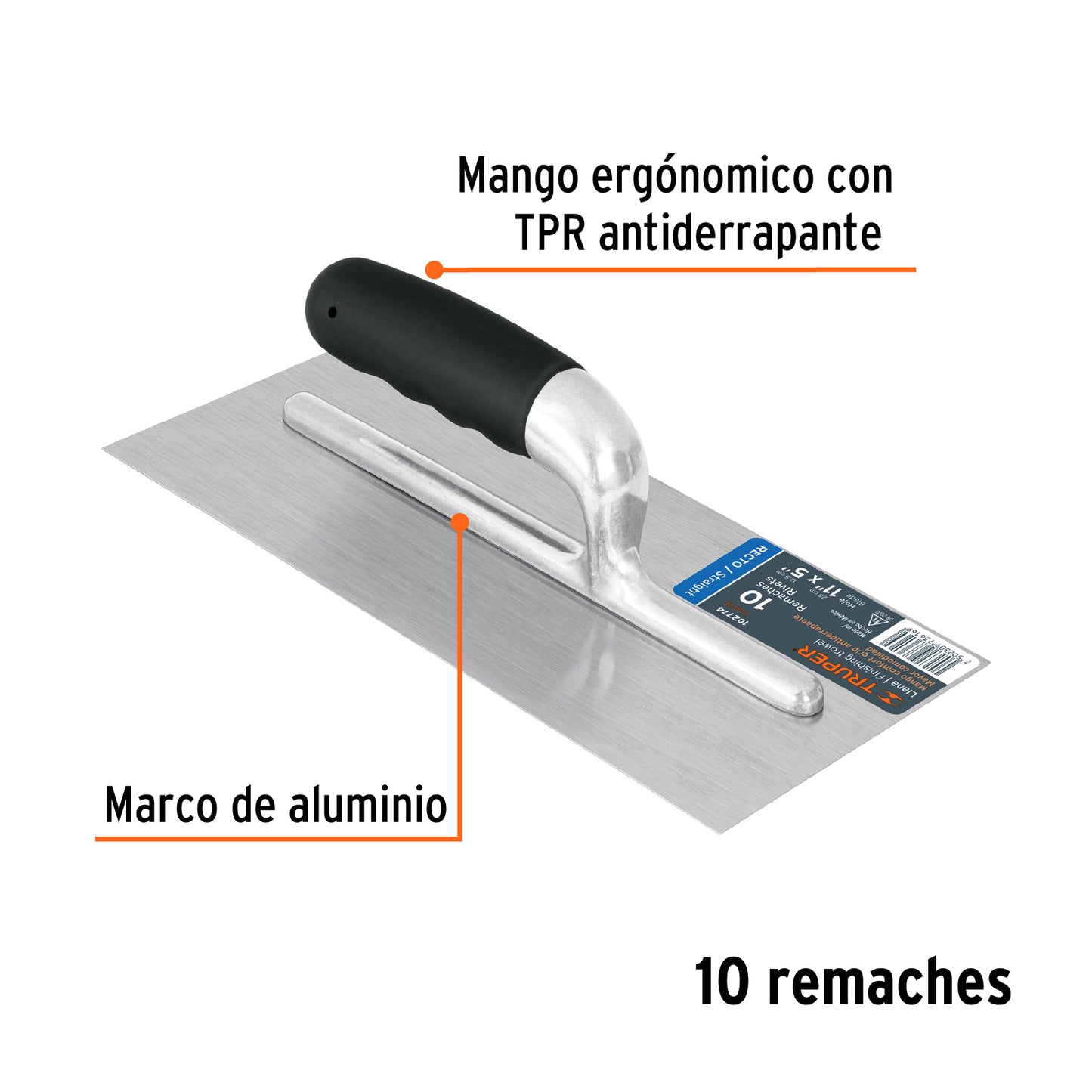 Llana canto recto 11', 10 remaches, mango comfort grip
