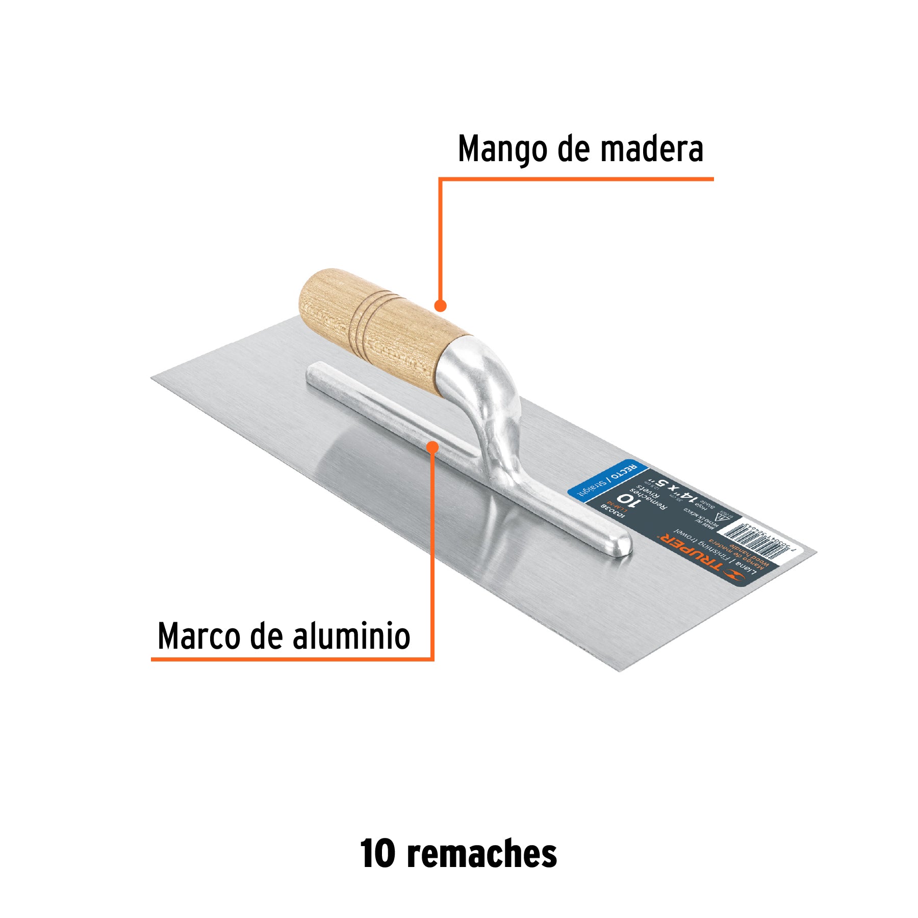 Llana canto recto 14', 10 remaches, mango de madera, Truper
