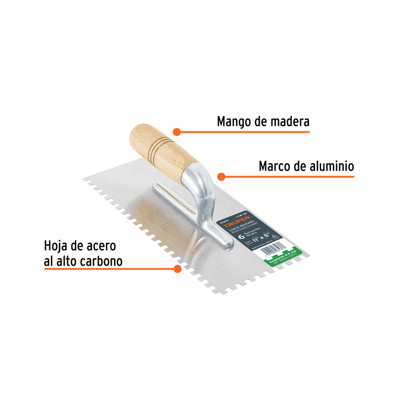 Llana, mango madera, canto dentado cuadrado, 6 remaches, 11"