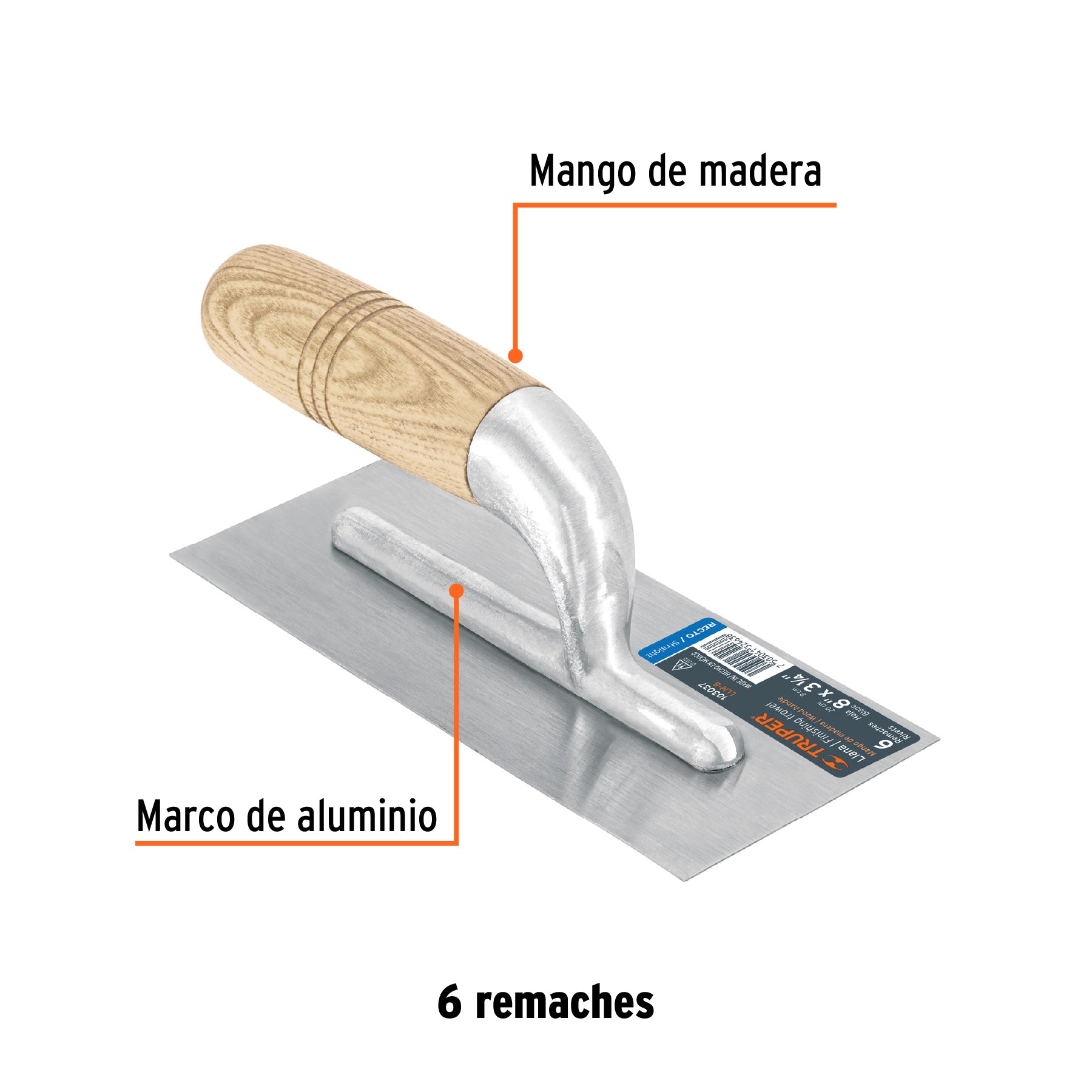 Llana mini canto recto 8', 6 remaches, mgo de madera, Truper