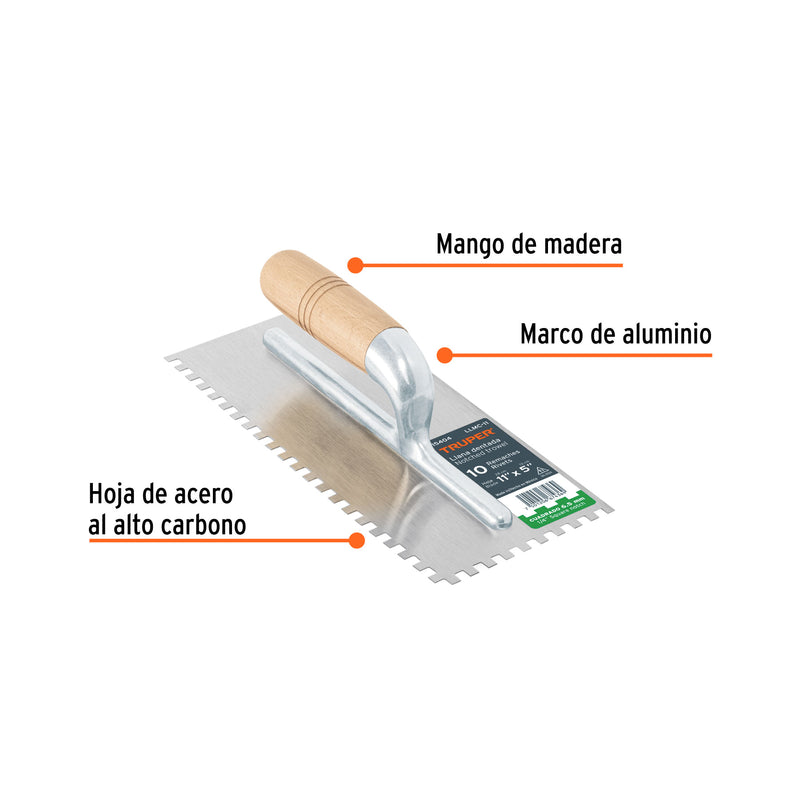 Llana, mango madera, canto dentado cuadrado, 11"
