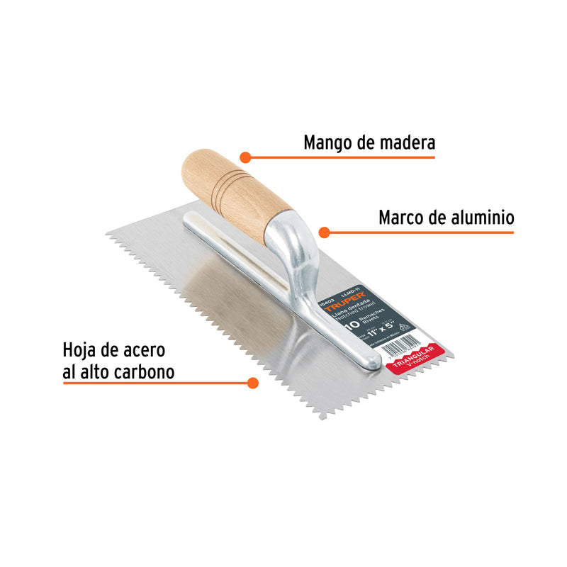 Llana, mango madera, canto dentado triangular, 11"