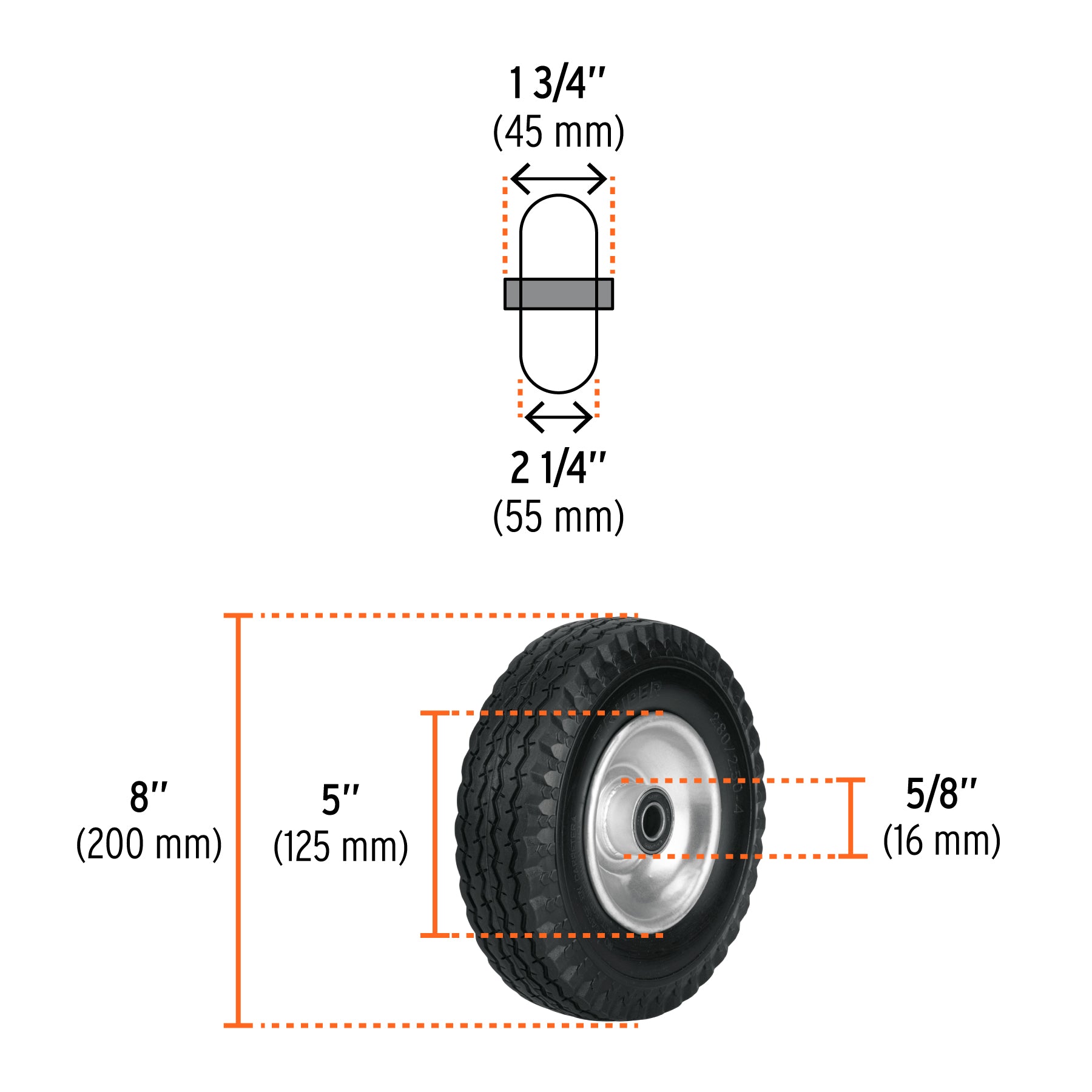 Llanta imponchable con eje lateral, 8"