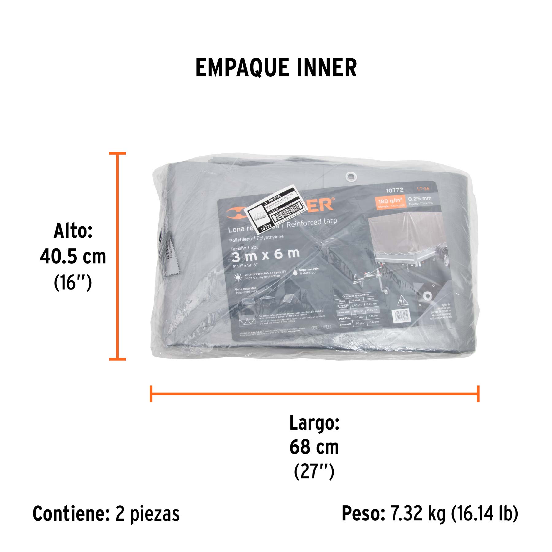 Lona reforzada, 3 x 6 m, gris