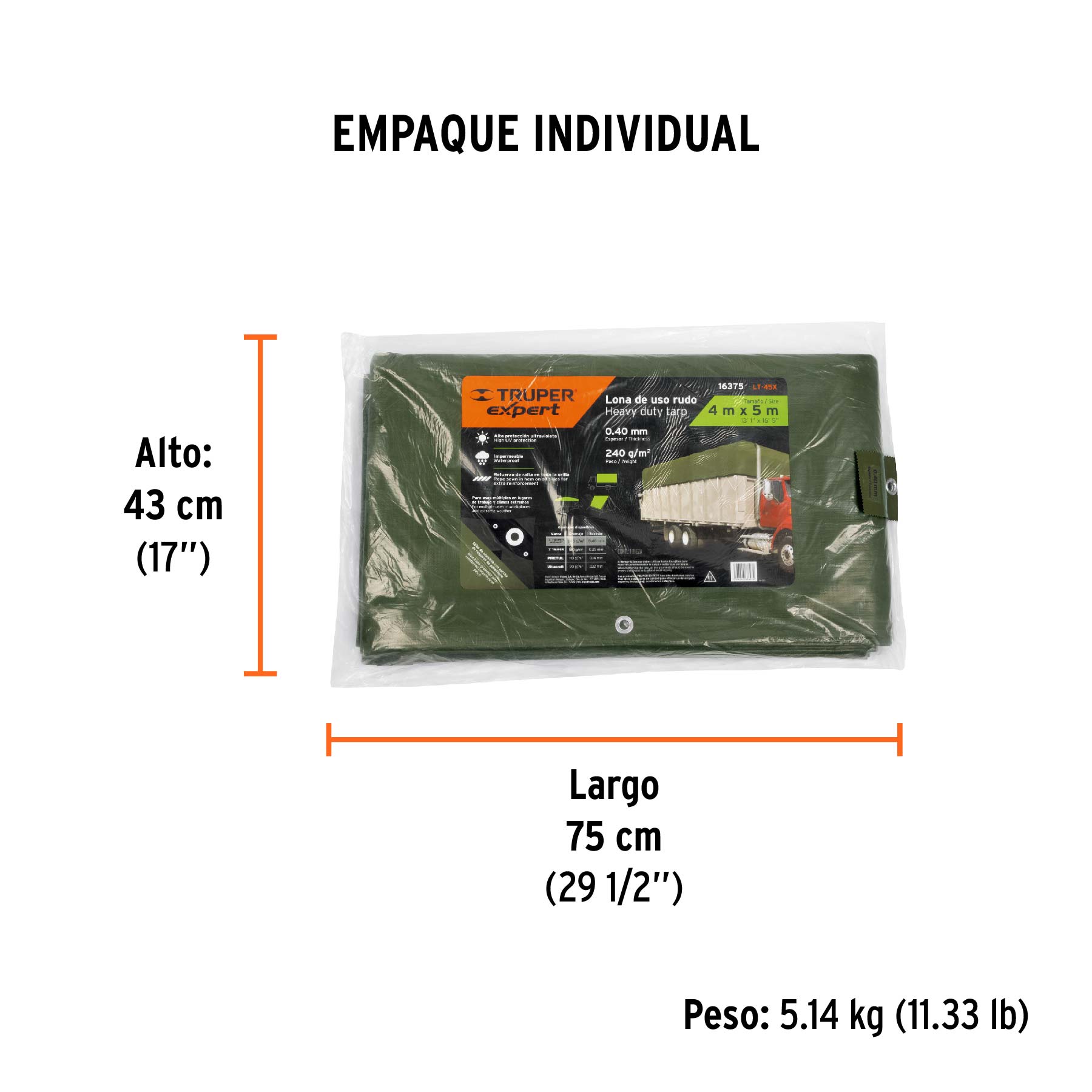 Lona uso rudo, verde olivo, 4 X 5 metros, Truper Expert