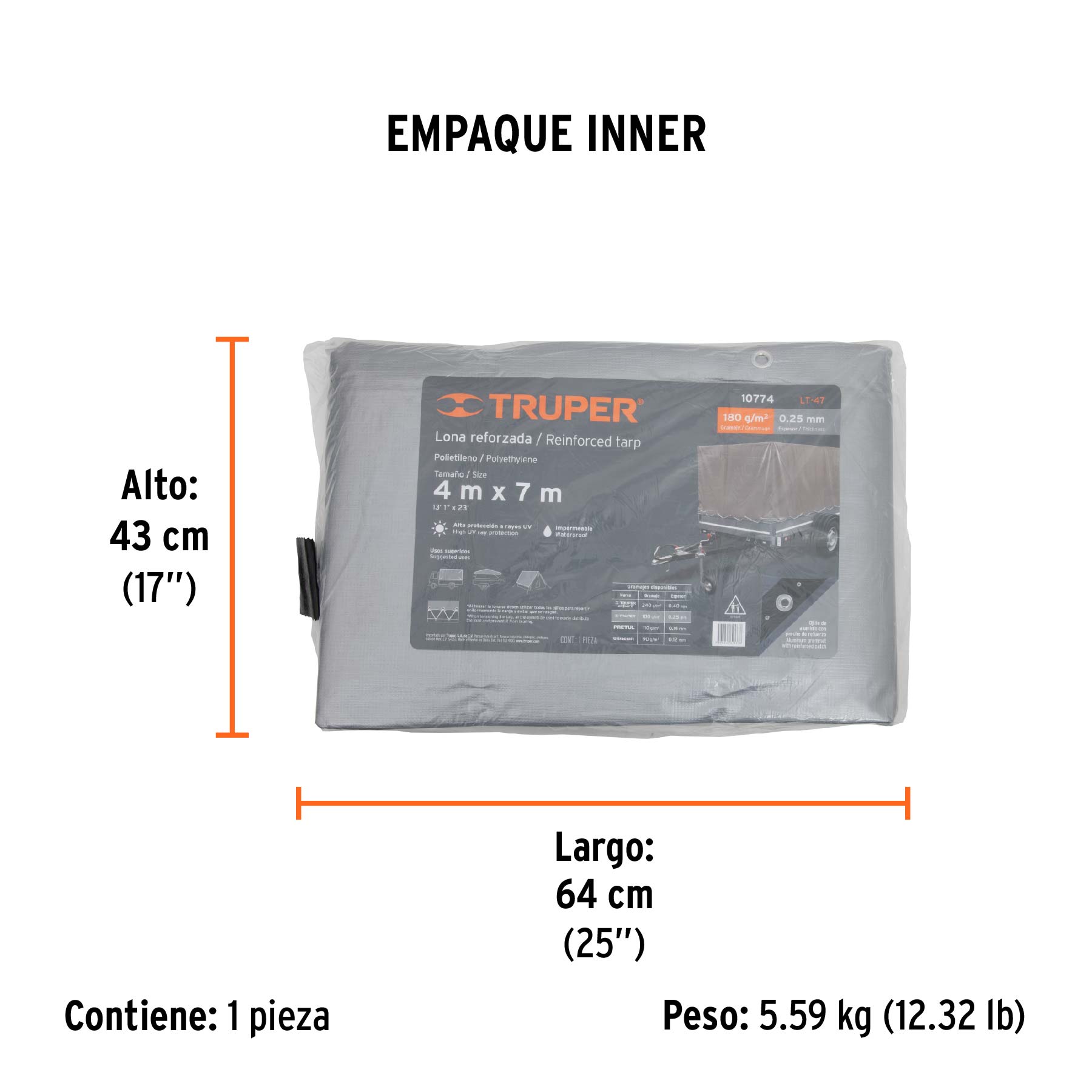 Lona reforzada, 4 x 7 m, gris