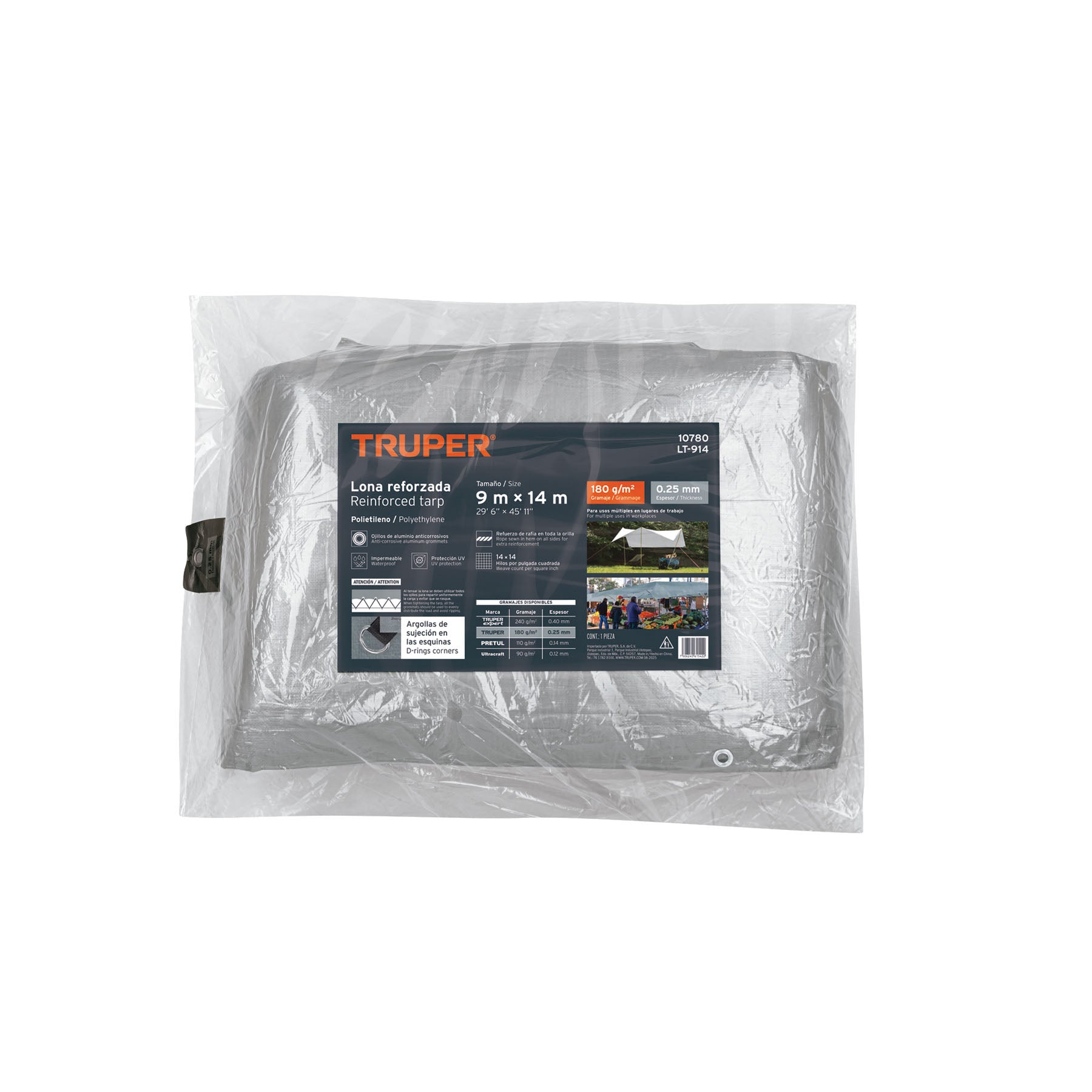 Lona reforzada, 9 x 14 m, gris