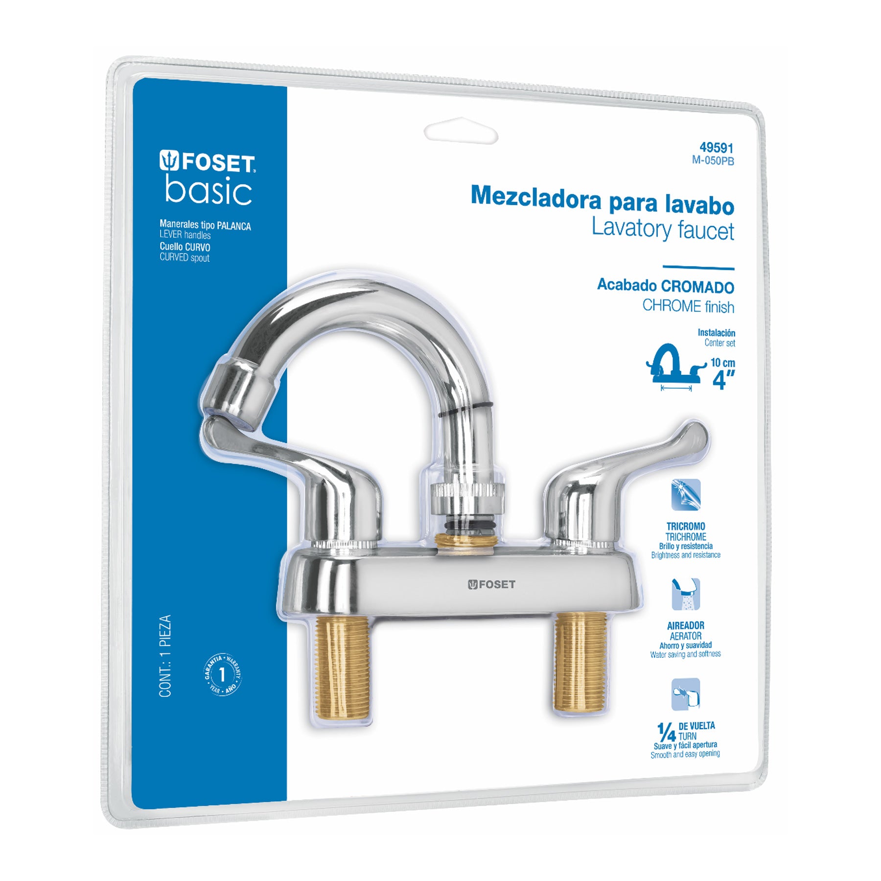 Mezcladora lavabo, manerales palanca, cuello curvo, blister
