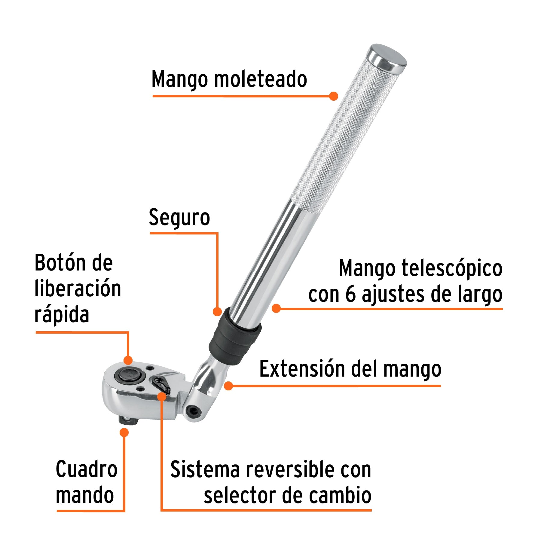 Matraca 90 dientes,cabeza articulada y mango extensible,1/2"