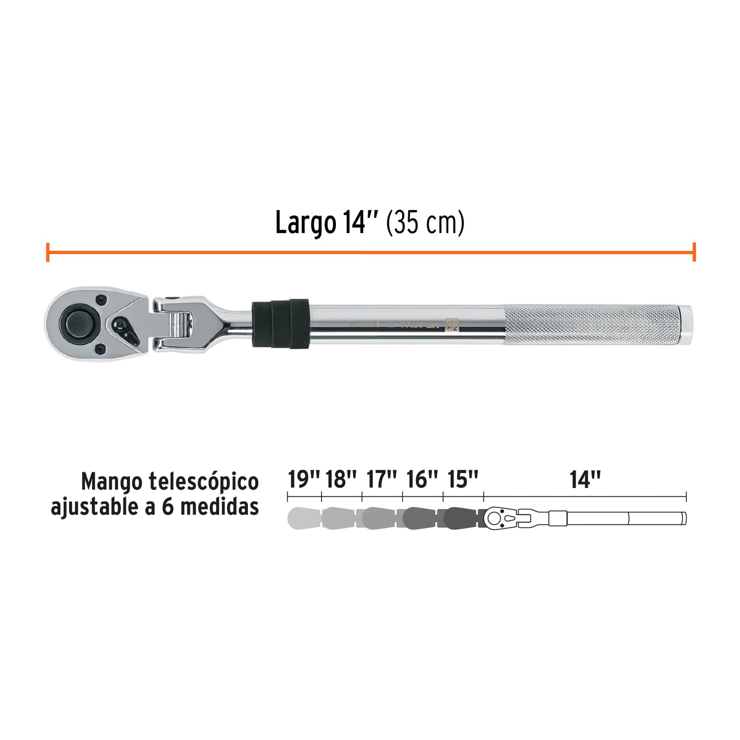 Matraca 90 dientes,cabeza articulada y mango extensible,1/2"