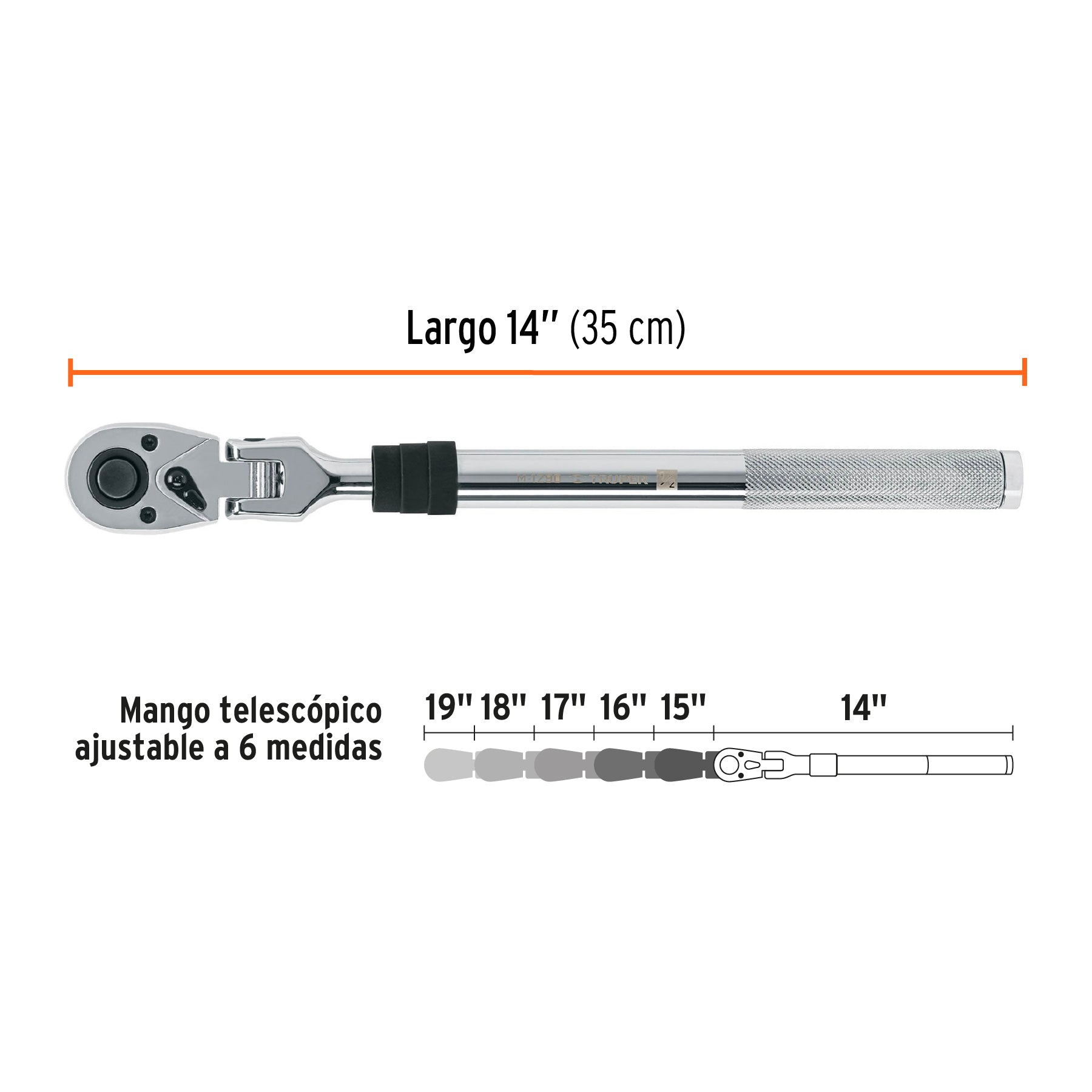 Matraca 90 dientes,cabeza articulada y mango extensible,1/2"