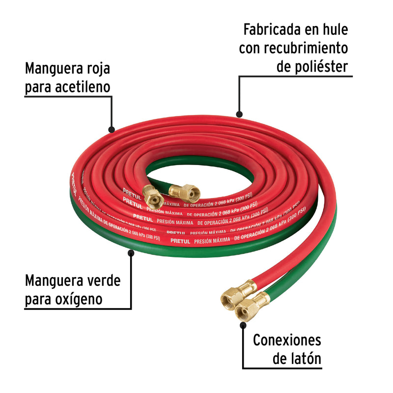 Manguera cuata reforzada de 4.5 m para oxiacetileno, Pretul