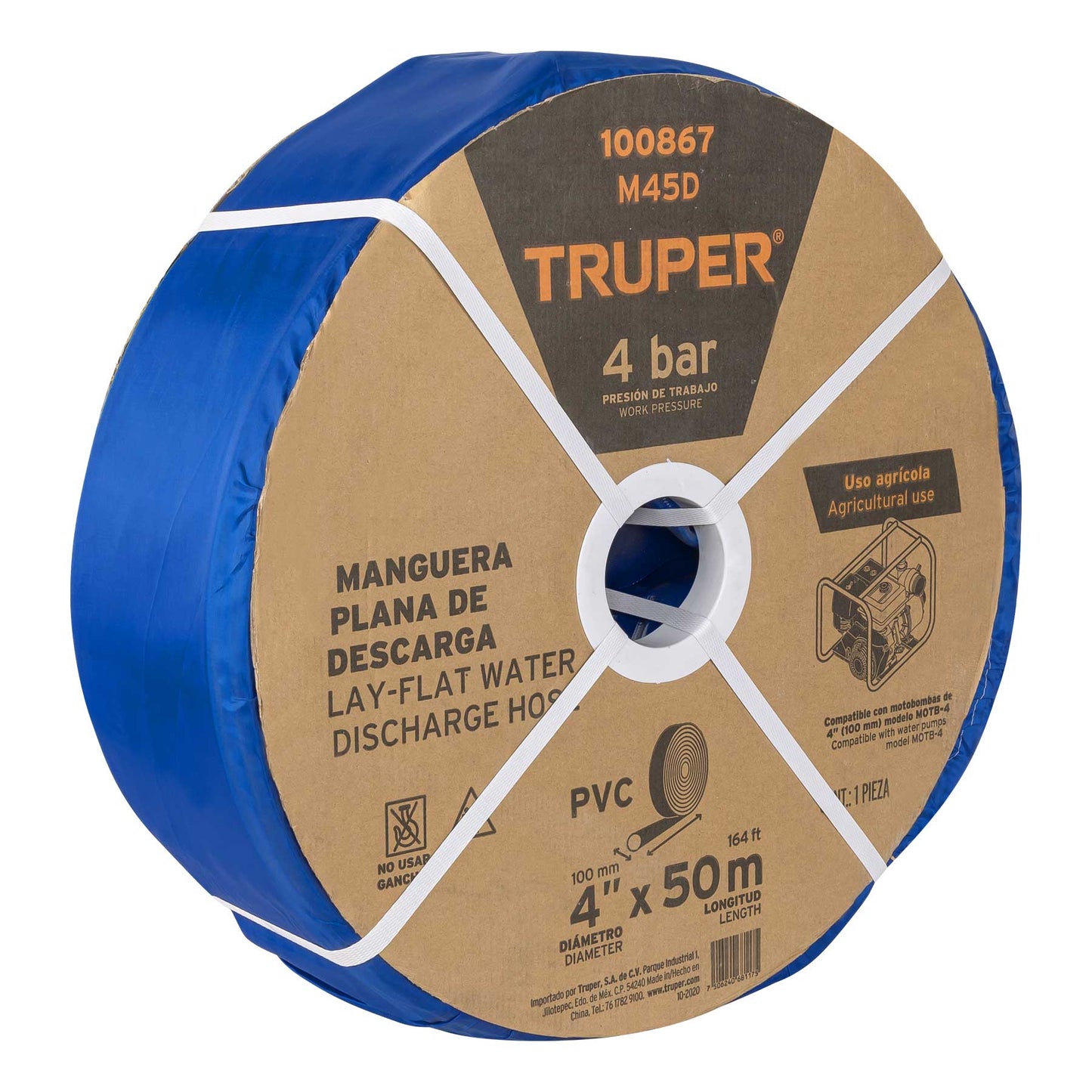 Manguera plana p/descarga de agua, PVC flexible, 4' x 50 m