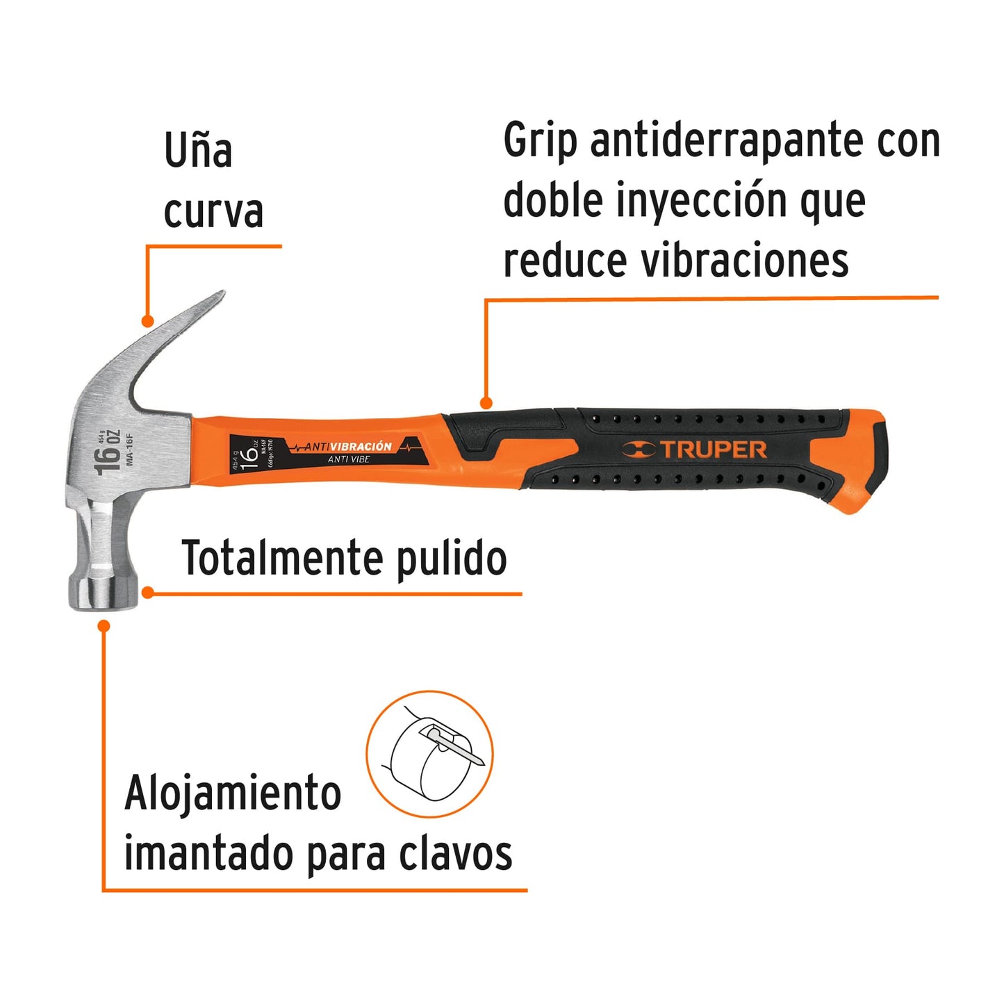 Martillo pulido, uña curva 16 oz, mango de fibra de vidrio