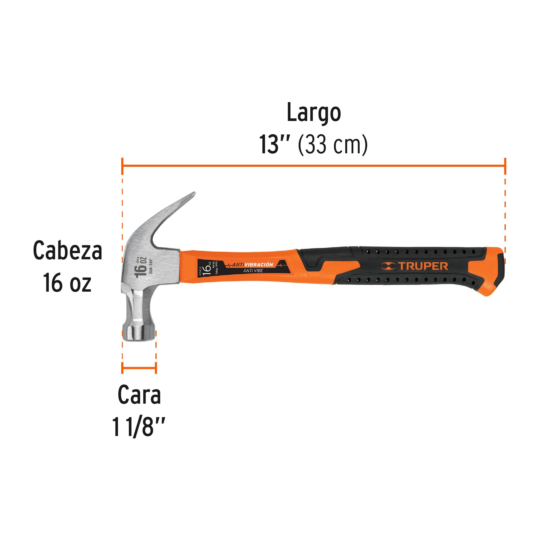 Martillo pulido, uña curva 16 oz, mango de fibra de vidrio