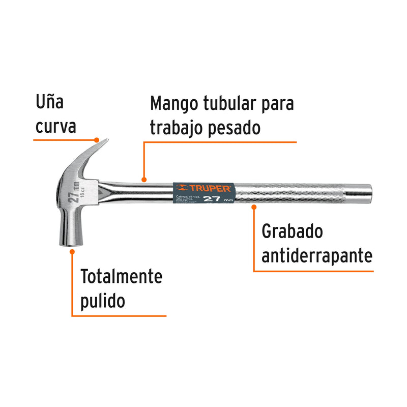 Martillo cabeza cónica, uña curva, 27 mm, mango tubular