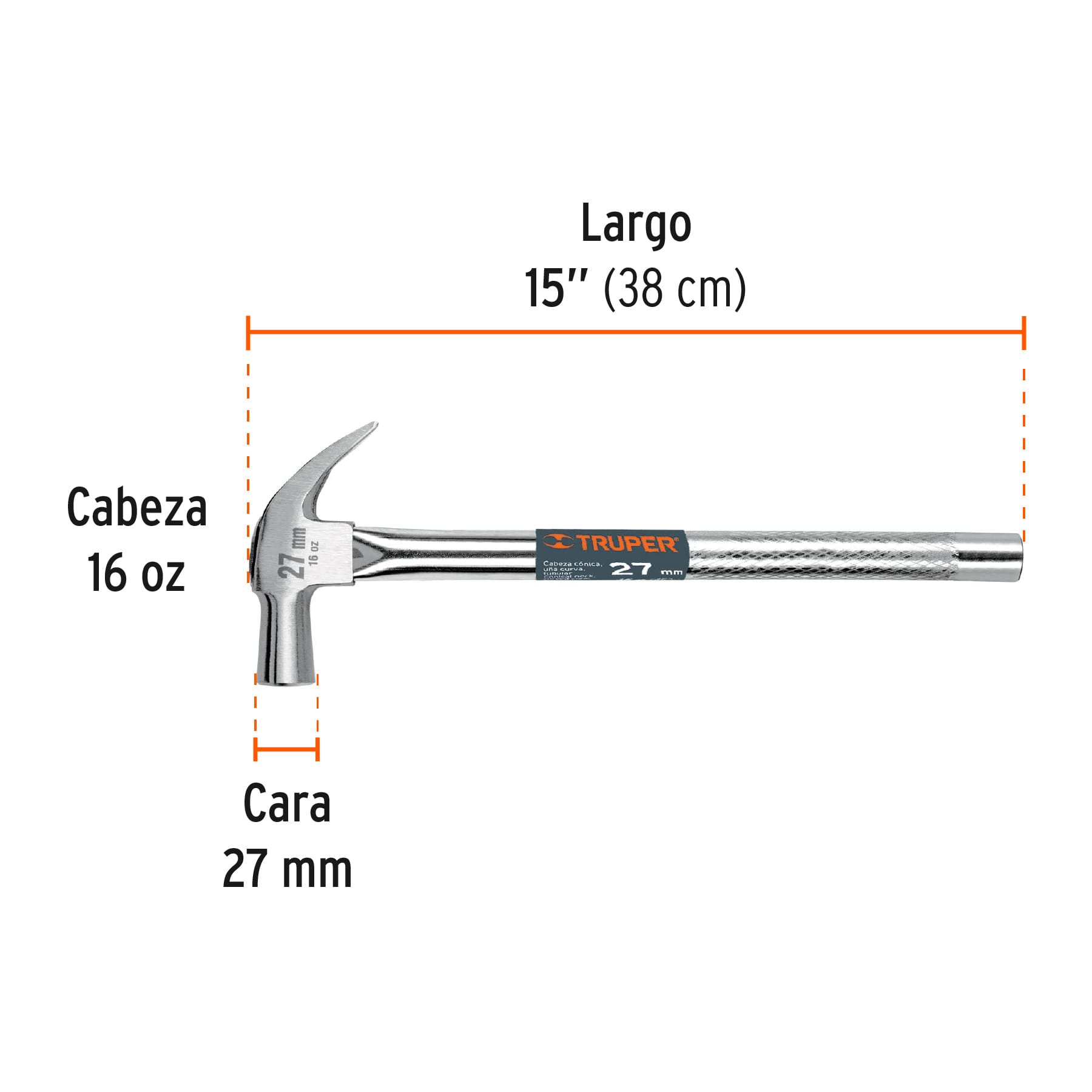 Martillo cabeza cónica, uña curva, 27 mm, mango tubular