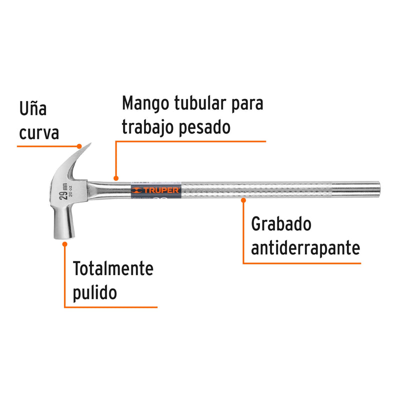 Martillo cabeza cónica, uña curva, 29 mm, mango tubular