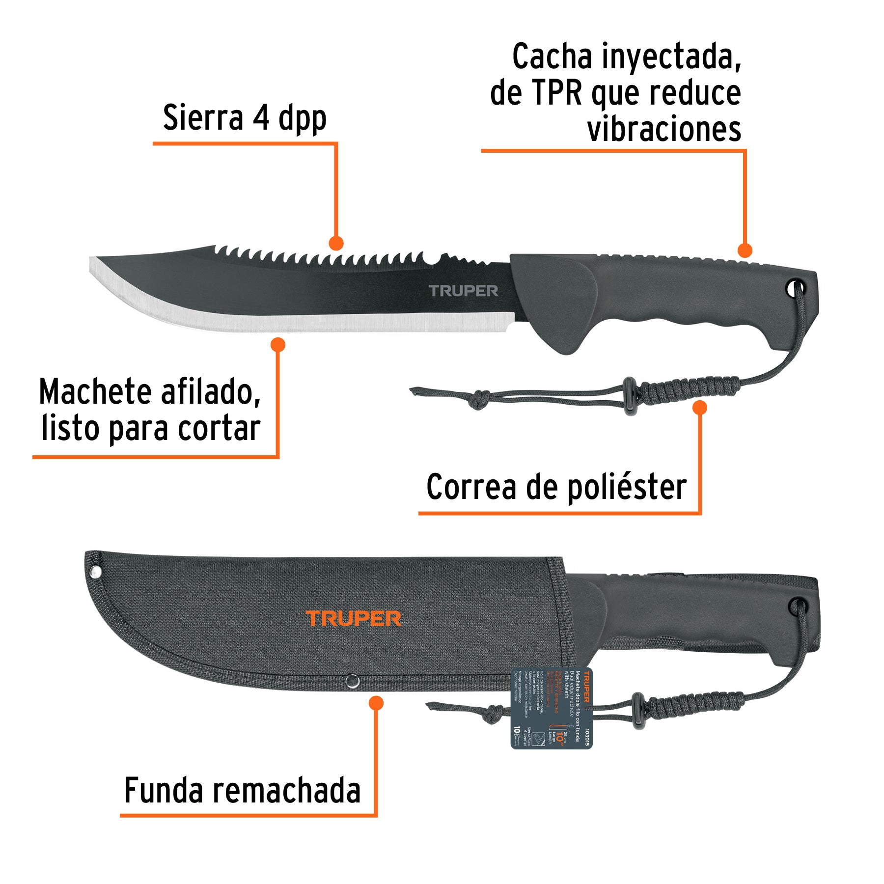 Machete doble filo 10' cacha inyectada, con funda, Truper