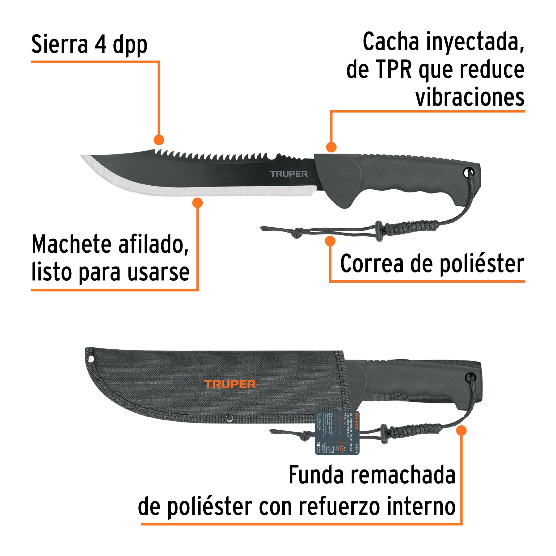 Machete doble filo 10' cacha inyectada, con funda, Truper