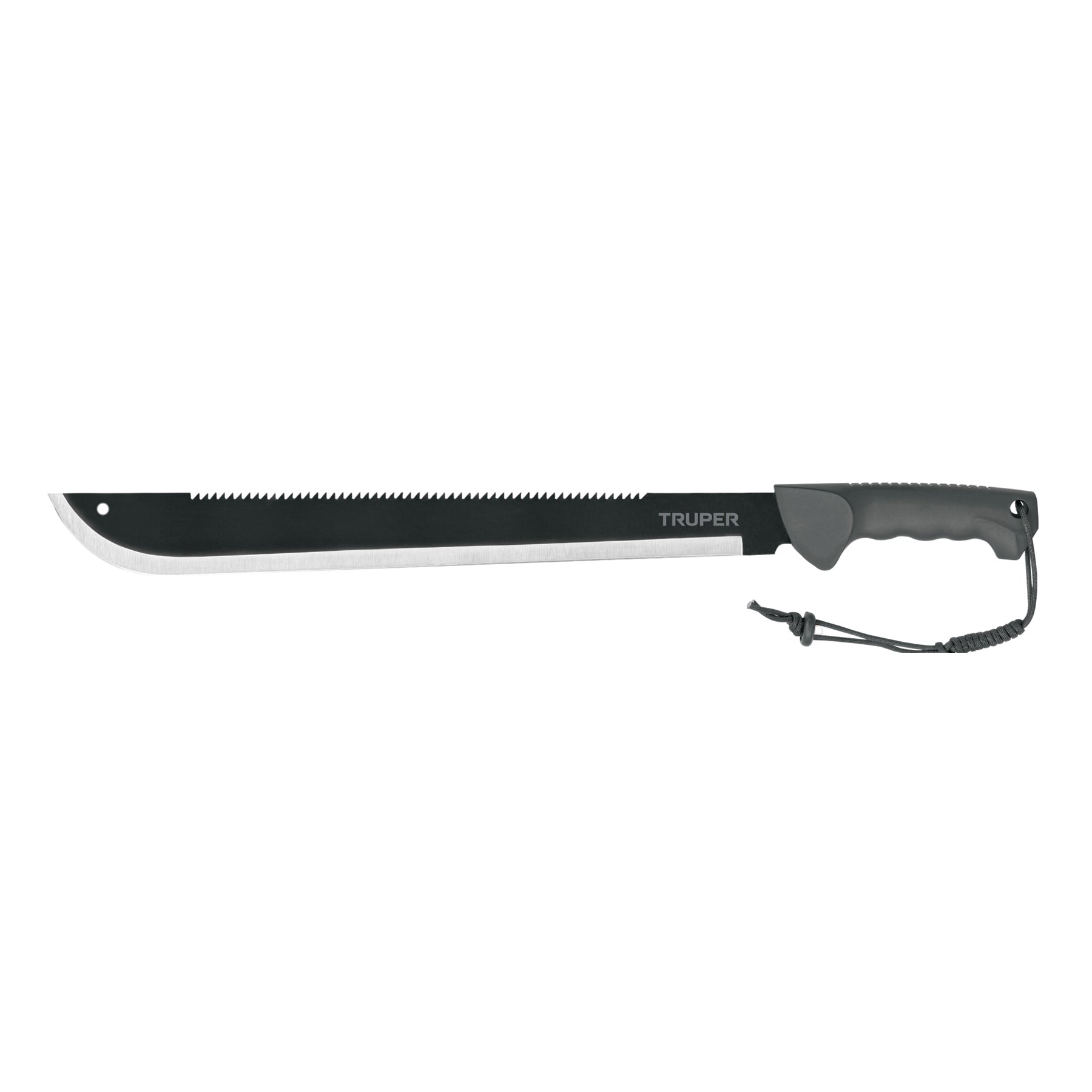 Machete doble filo, 18" con mango inyectado y funda.