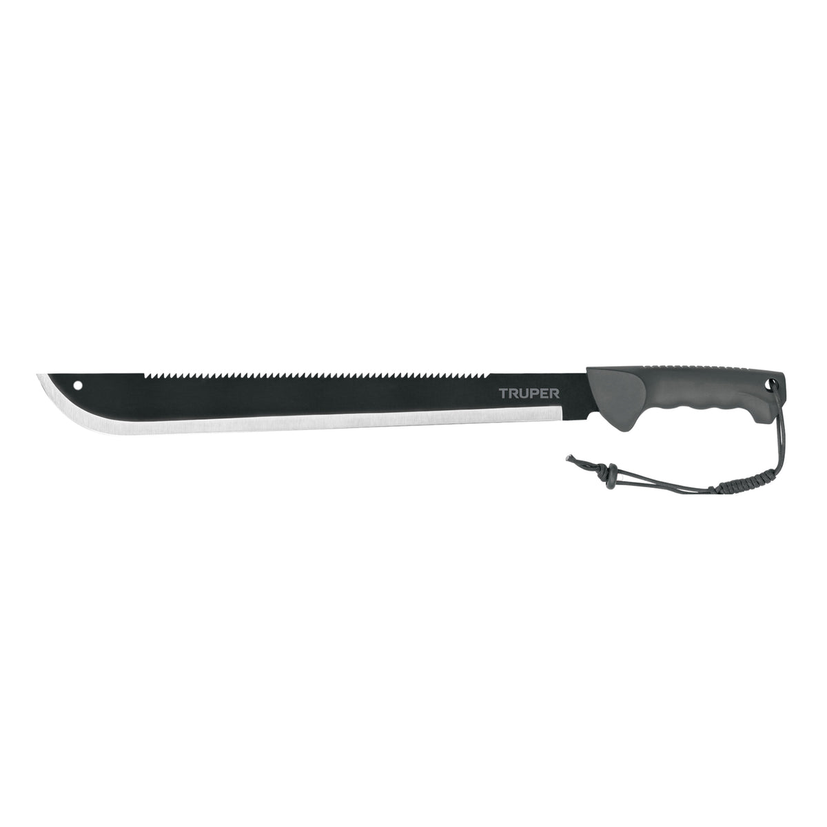 Machete doble filo, 18" con mango inyectado y funda.