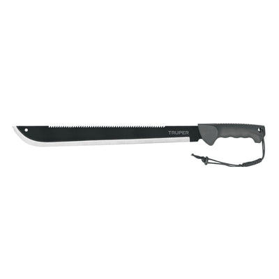 Machete doble filo, 18" con mango inyectado y funda.