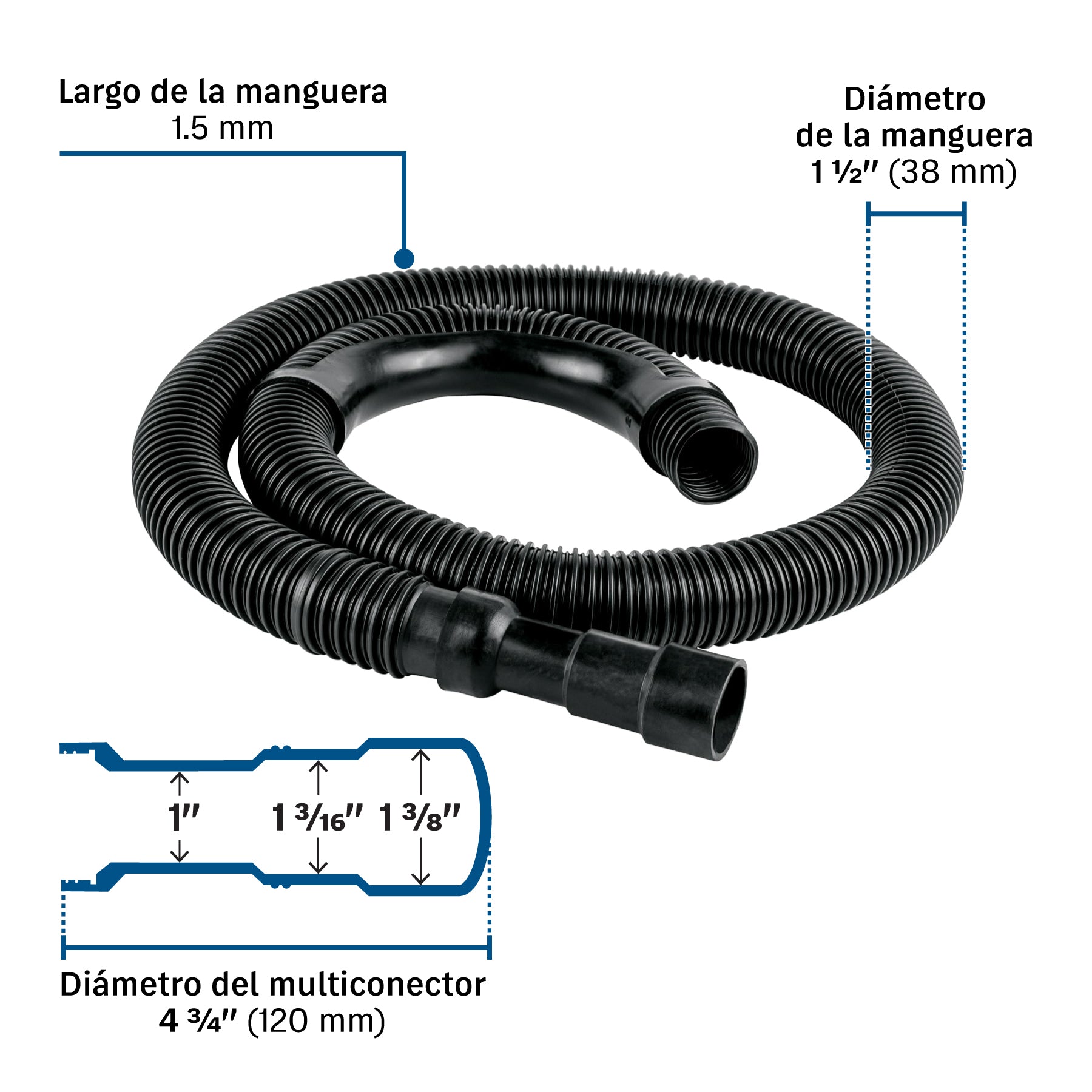 Manguera reforzada con multiconector, desagüe lavadora, 1.5m