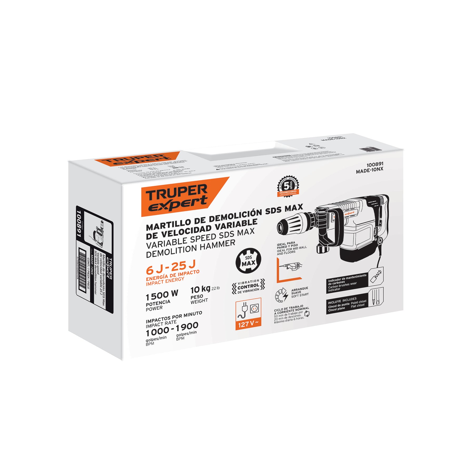Martillo demoledor SDS Max 10kg, 25J, 1500 W, Truper Expert