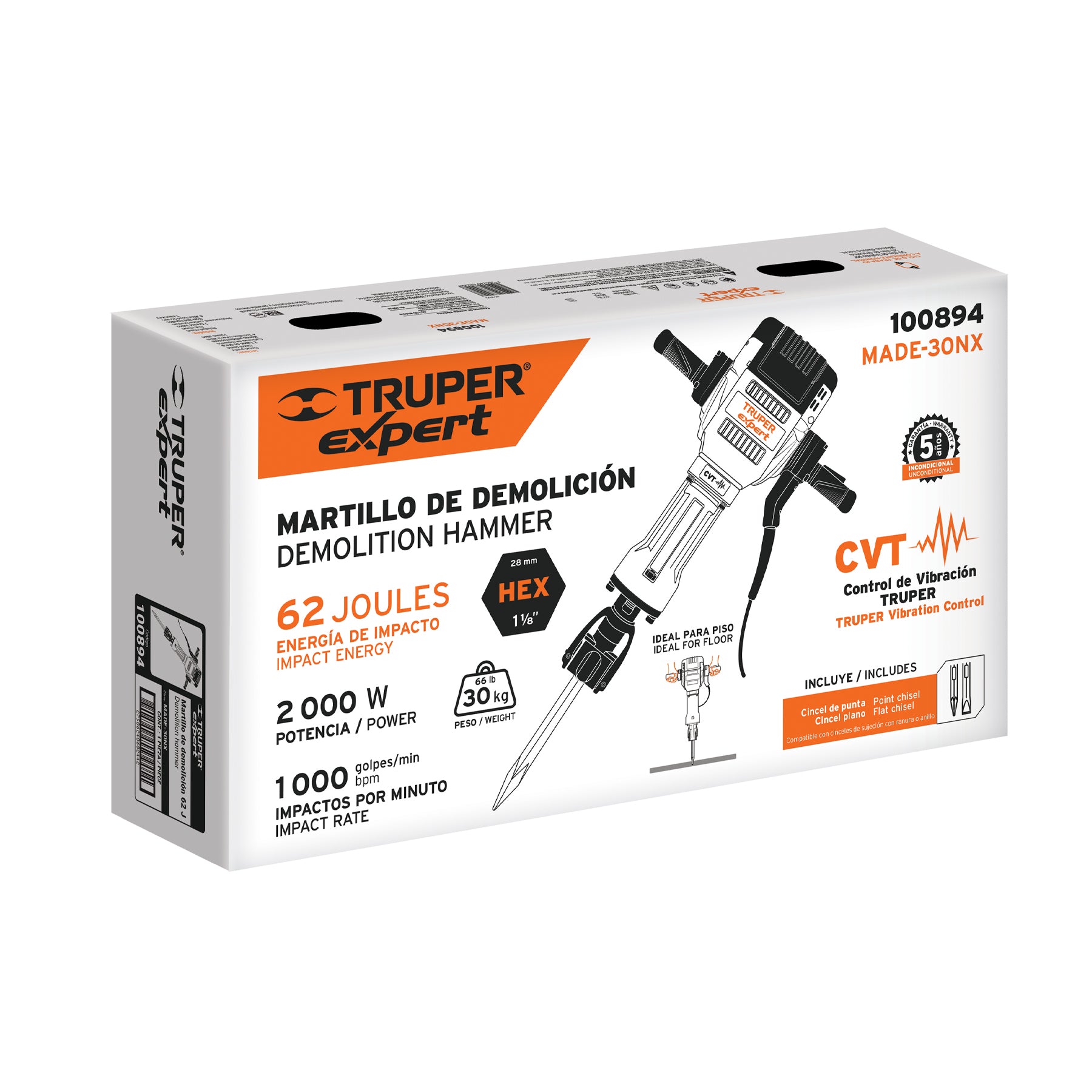 Martillo demoledor HEX 30 kg, 62 J, 2000 W Truper Expert