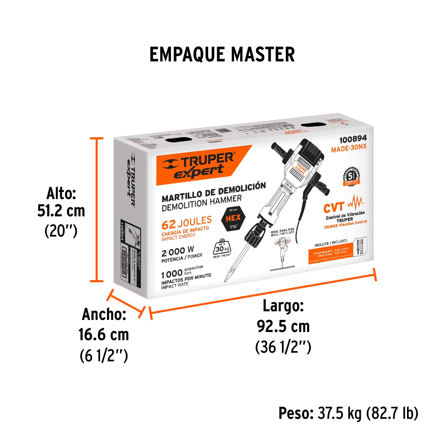 Martillo demoledor HEX 30 kg, 62 J, 2000 W Truper Expert