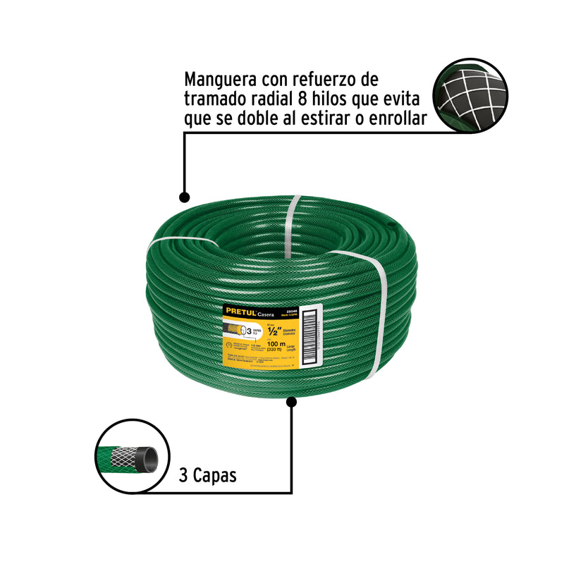 Manguera 1/2", reforzada, 3 capas, 100 m, Pretul