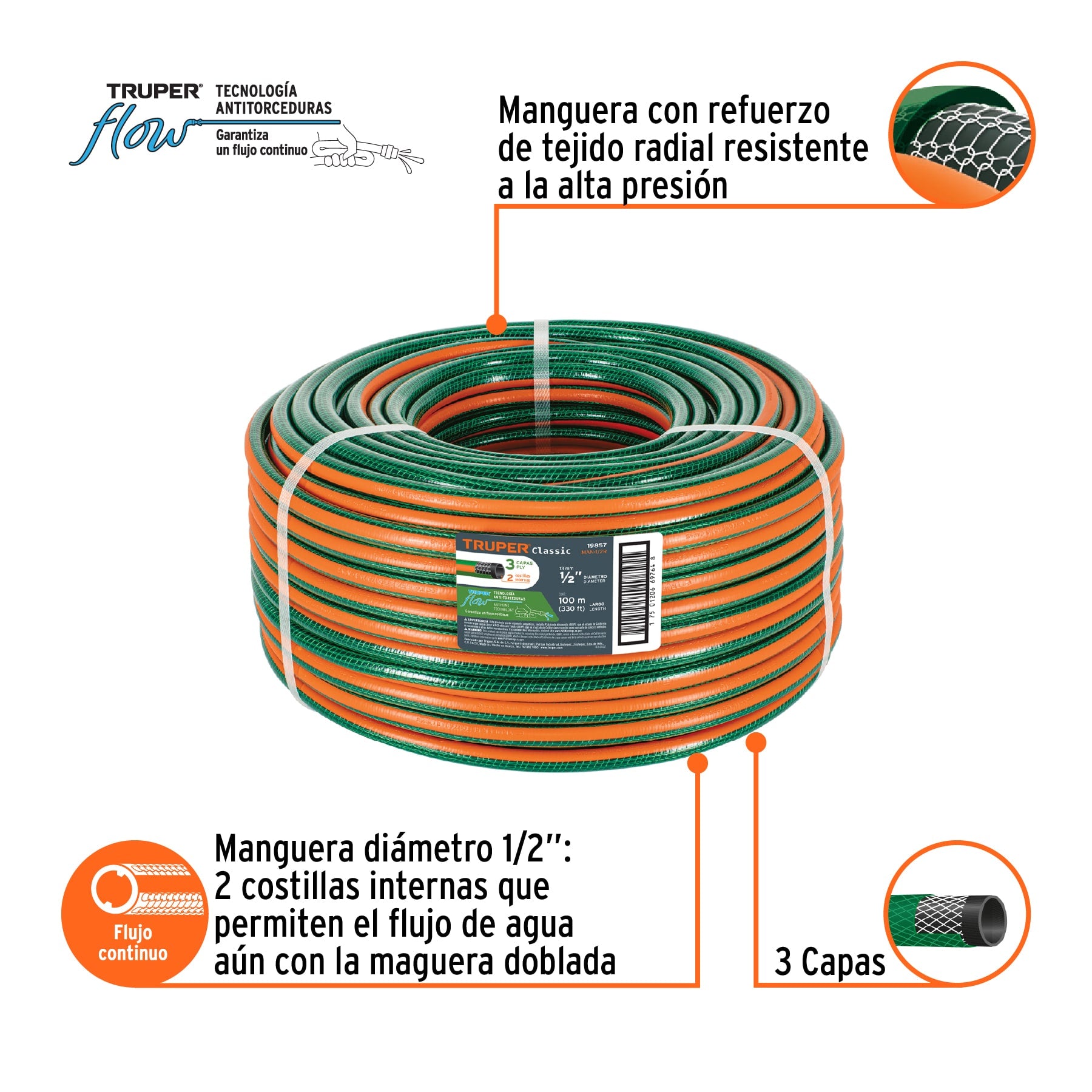 Manguera 1/2", reforzada, 3 capas, 100 m