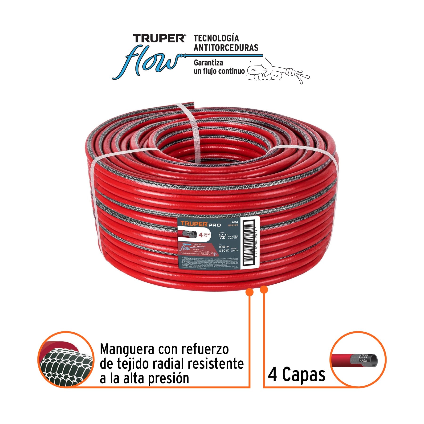 Manguera 1/2", super reforzada, 4 capas, 100 m