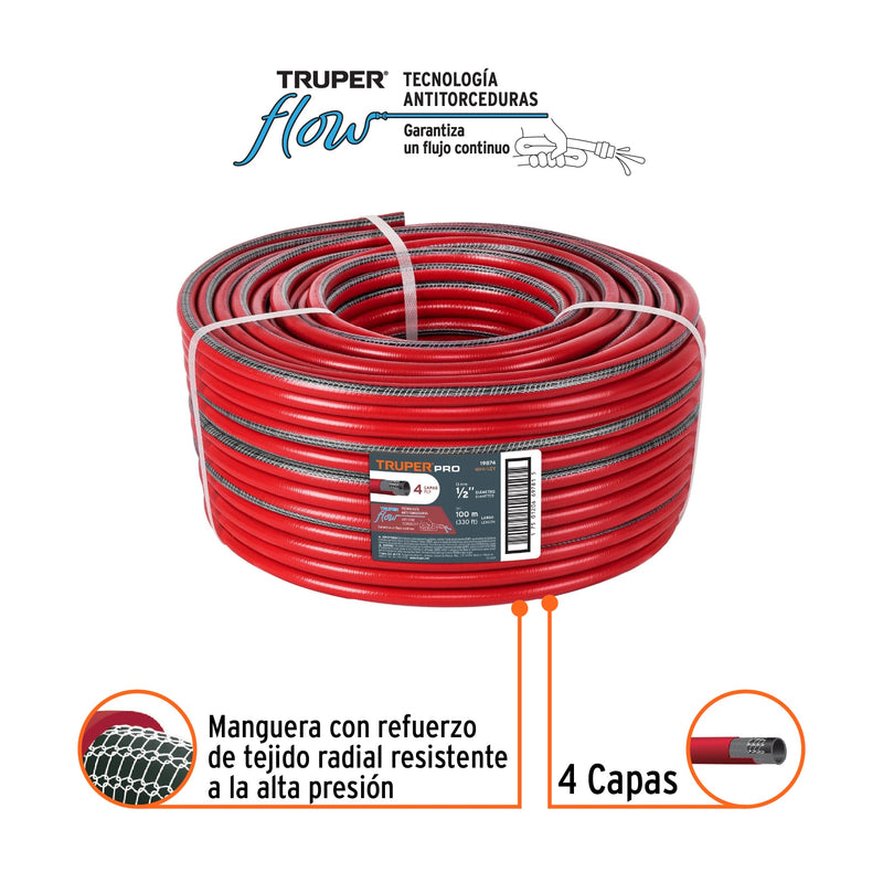 Manguera 1/2", super reforzada, 4 capas, 100 m