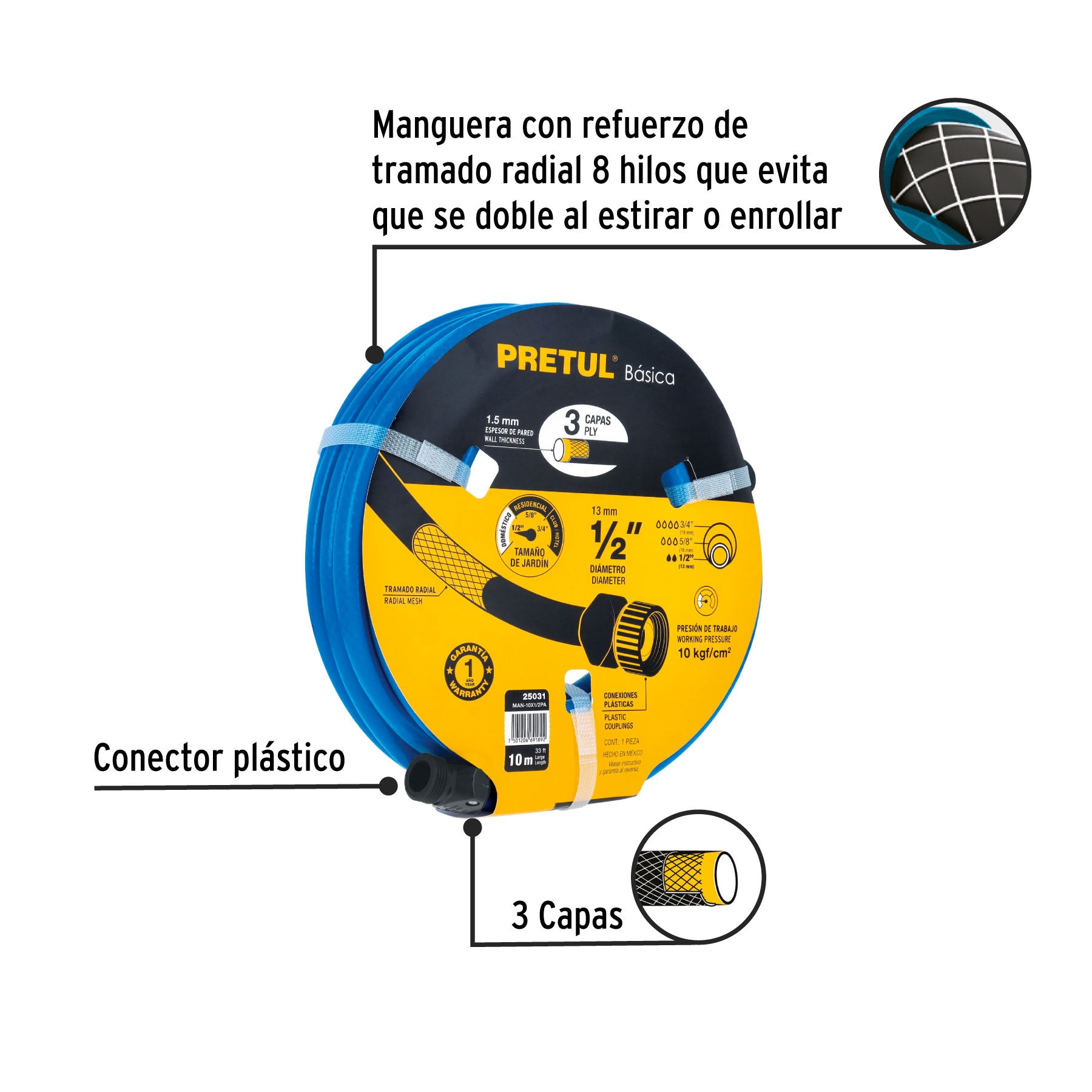 Manguera 1/2", conexiones plásticas, 10 m, Pretul
