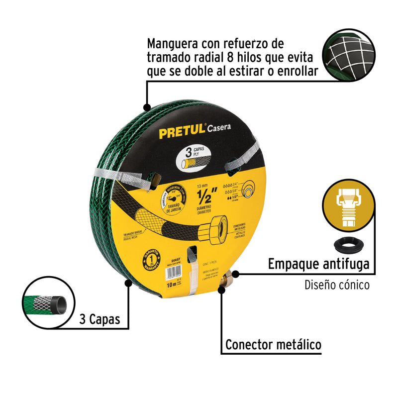 Manguera 1/2' reforzada 3 capas conexiones metal 10m, Pretul
