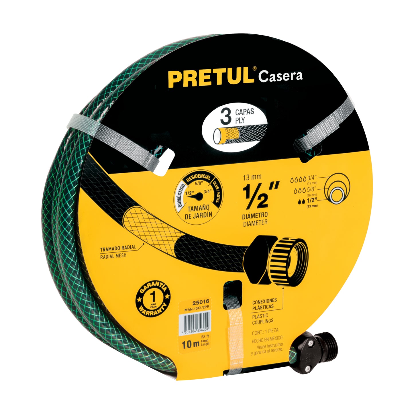 Manguera 1/2", reforzada 3 capas, 10 m, pretul