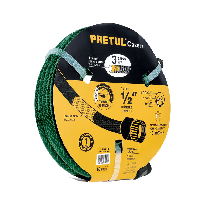 Manguera 1/2", reforzada 3 capas, 10 m, pretul