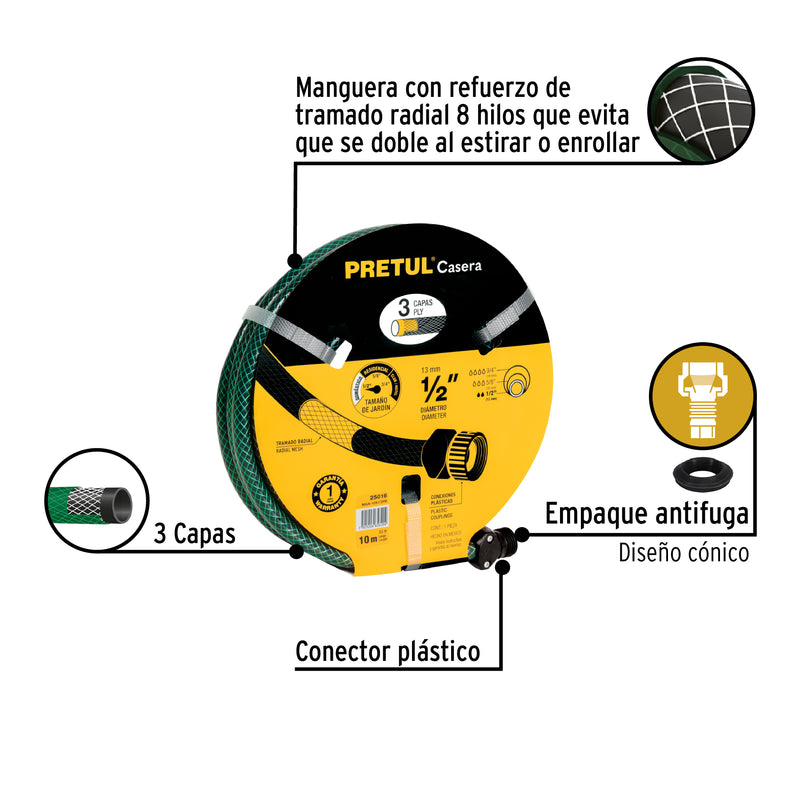 Manguera 1/2", reforzada 3 capas, 10 m, pretul